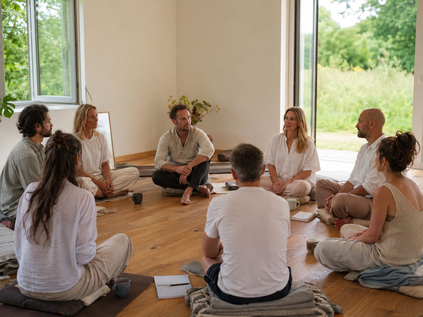 A small group sits in a circle on cushions in a bright room, large windows open onto greenery, flowers rest at the centre.