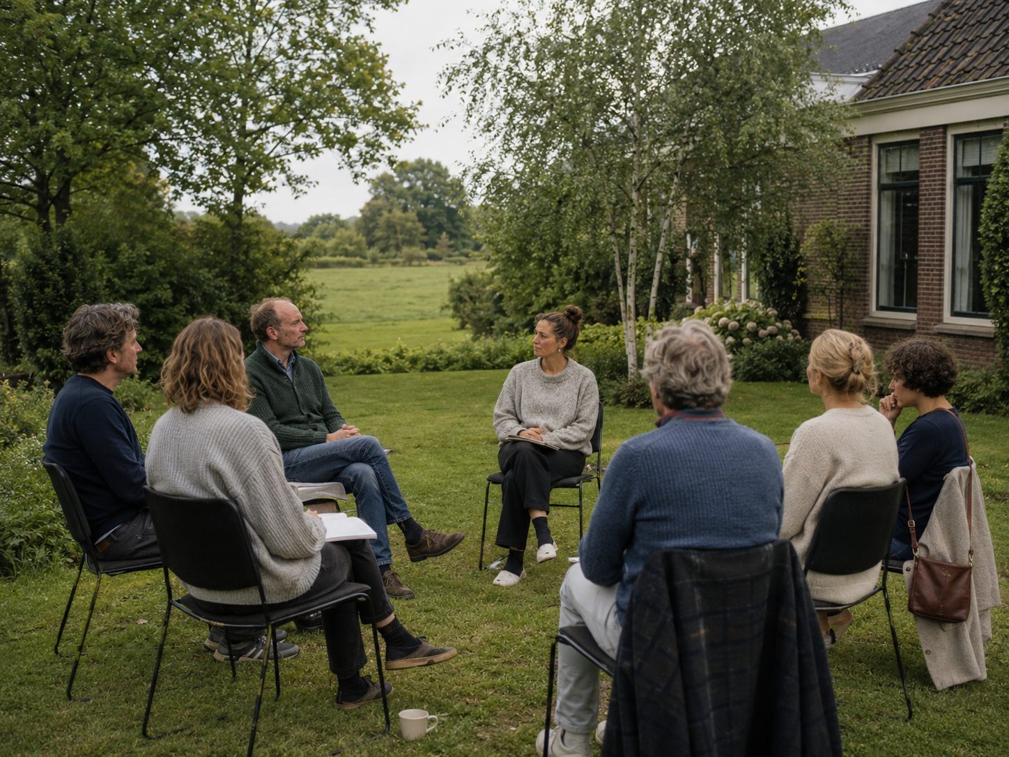 Participants sit outdoors in a circle of chairs, with a Dutch brick house and wide meadows in the background.