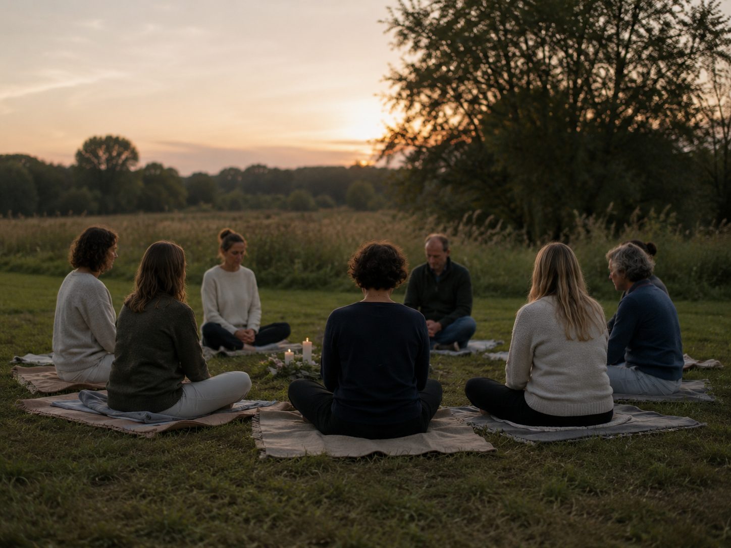 Meditationskreis bei Sonnenuntergang